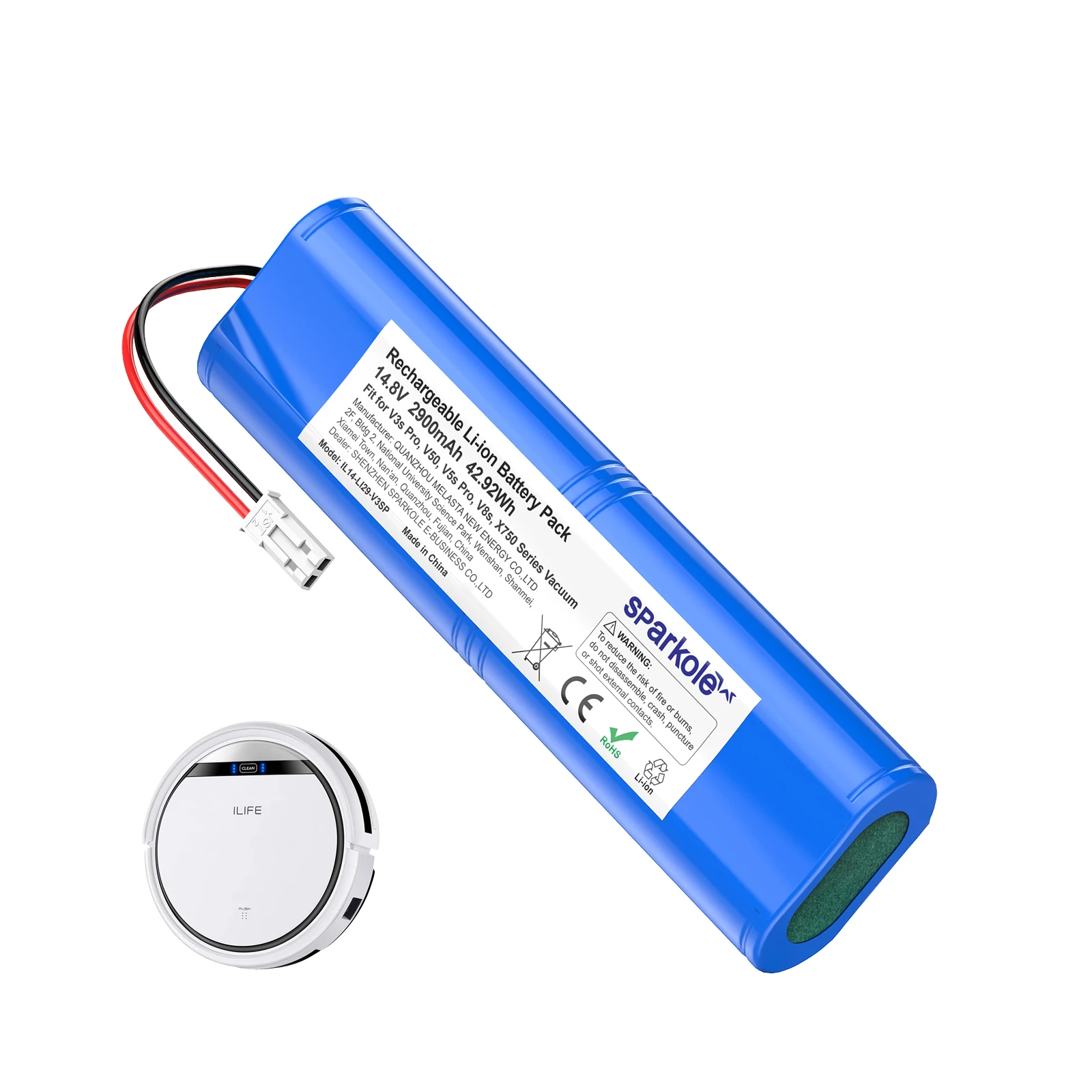 Sparkole Lithium Battery Replacement For Ilife Zaco V3s V5s Ecovacs V3s V3s Pro V4 V40 V5 V5s Pro V50 V80 V8s V85 X750 14.8V