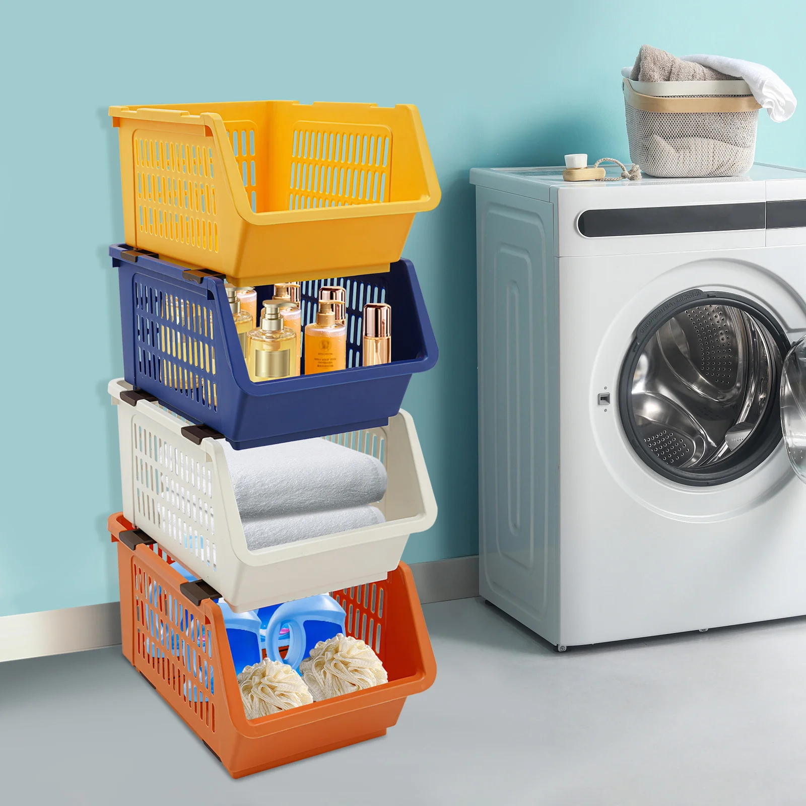 سلال تخزين قابلة للتكديس، 4 عبوات، صناديق تنظيم وحدات كبيرة، حاويات تخزين مستطيلة متعددة الاستخدامات، منظم منزلي حديث