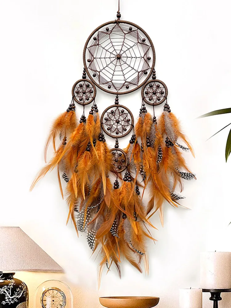 Vintage blauwe veren dromenvanger muur opknoping slaapkamer hangers huisdecoratie handgemaakte windgong voor vakantiegeschenken - afbeelding 2