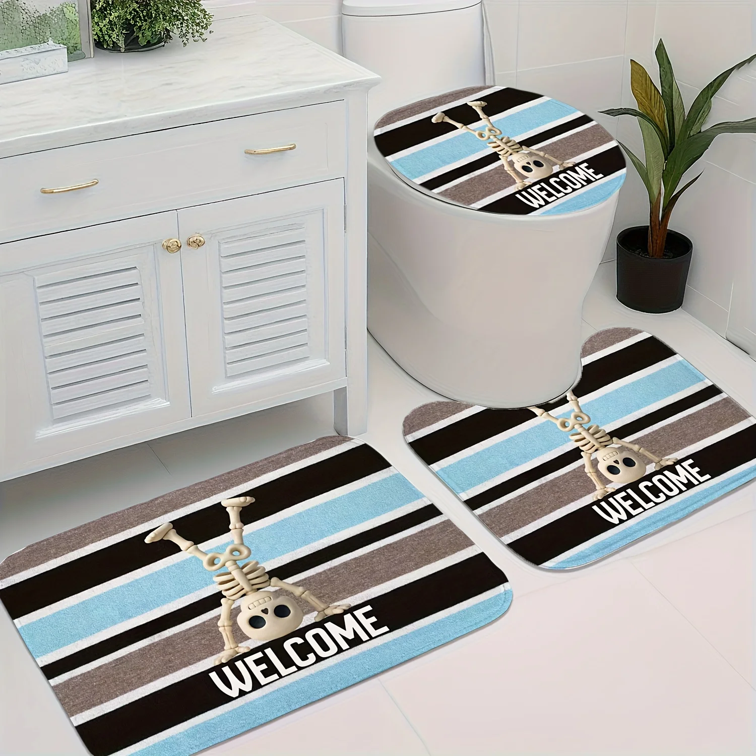 

Набор для ванной комнаты «Скелет на Хэллоуин», 3 предмета – полосатый дизайн в коричнево-синих тонах, фланелевая накладка на унитаз, коврик для унитаза и напольный коврик, мягкий нескользящий декор