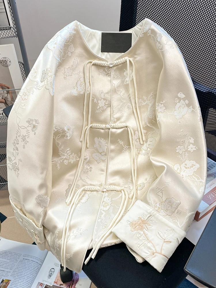 

Новое китайское атласное пальто унисекс с круглым вырезом, весенне-осеннее, с бахромой и пуговицами, повседневное, свободного кроя