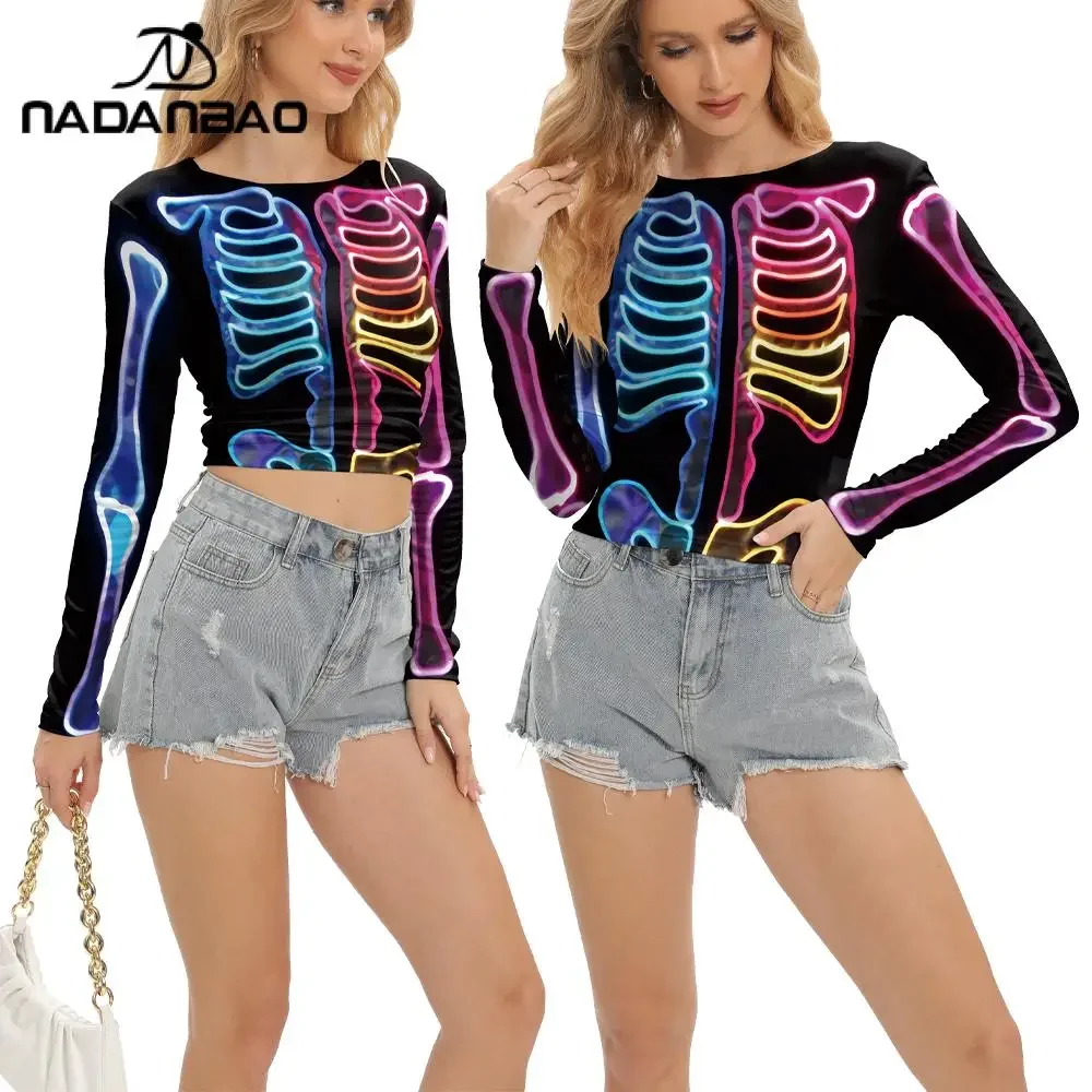 Nadanbao New Womens Long Sleeve Sexy Black Mesh Top T Shirts Transparent Color Skeleton Printing Streetwear Tees Beach Tops