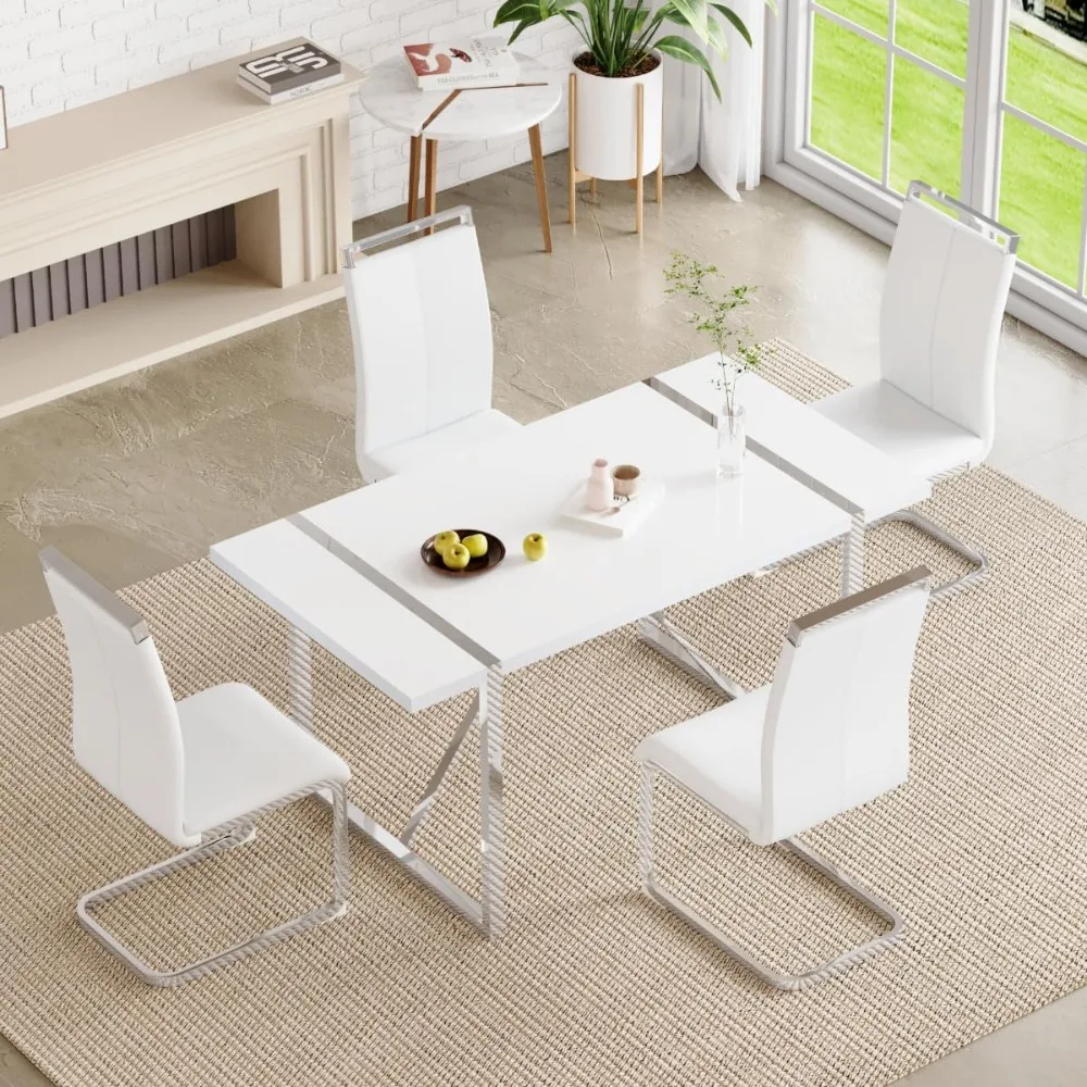 Dining table set of 5, kitchen table and chair set for 4 people, metal frame and padded seats, piano lacquered tabletop