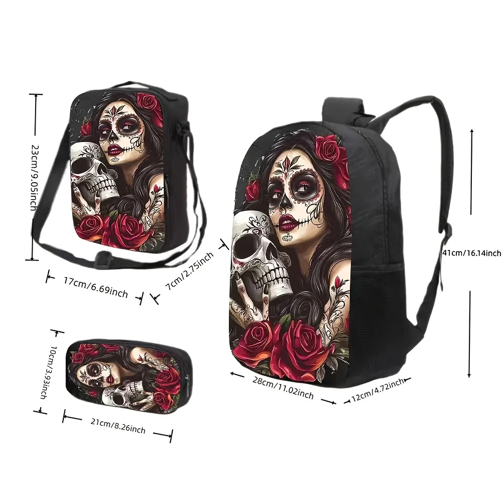 

3pcs Large-Capacity Backpack Set Suitable for School & Travel - Gothic Katrina Skeleton & Scarlet Rose Print, Unisex / Backpack