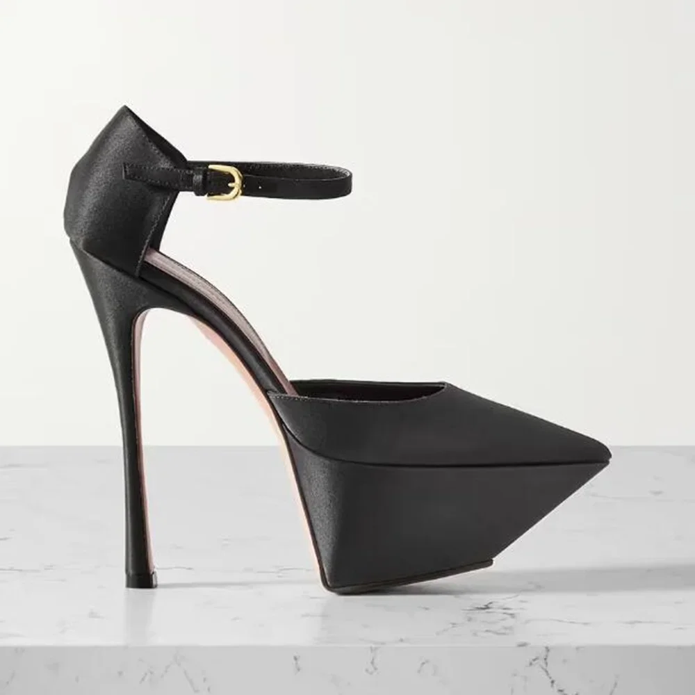 Stiletto Heels Women\'s Sandals 2024 Black Satin Platform Sandals Pointed Toe New Ankle Buckle Solid Summer 2024 New Elegant