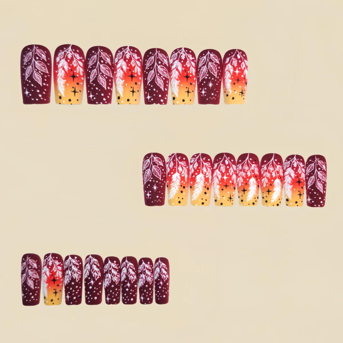 Faux ongles moyens pour femmes et filles, colorés, violet, jaune, rouge, marron, plume, design feuille, mat ou brillant, pointes carrées à pression