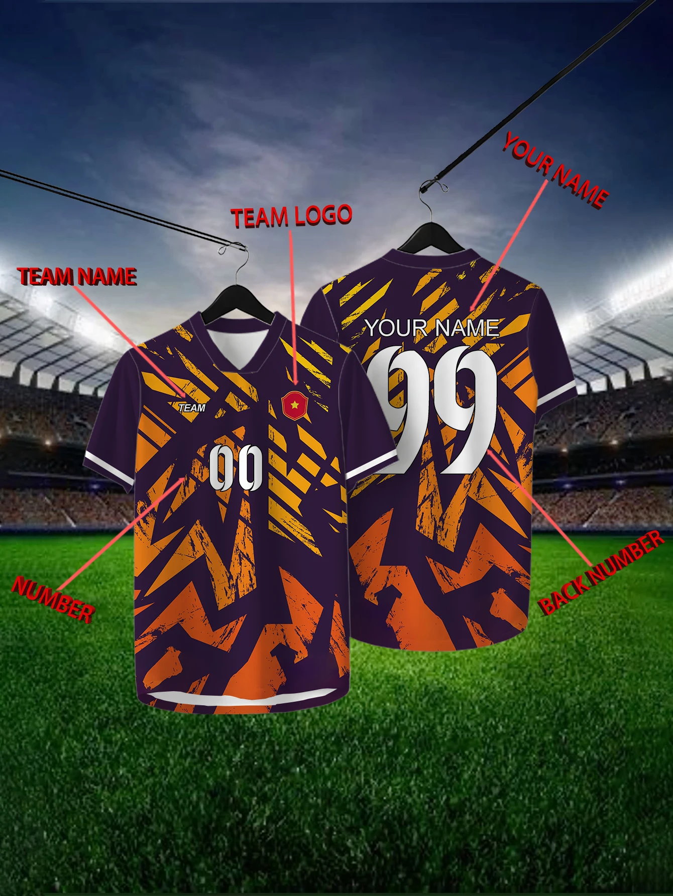 

Customized Geometric Orange Short Sleeved Shirt with Team Name, Emblem, Name and Number, Outdoor Sports Short Sleeved T-shirt