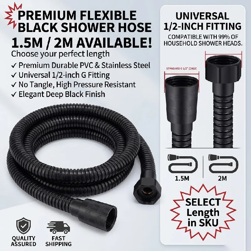 

Black Stainless Steel Shower Hose 1.5M/2M Flexible Anti-winding Bathroom Water Pipe G1/2 Interface Explosion-proof Shower Tube
