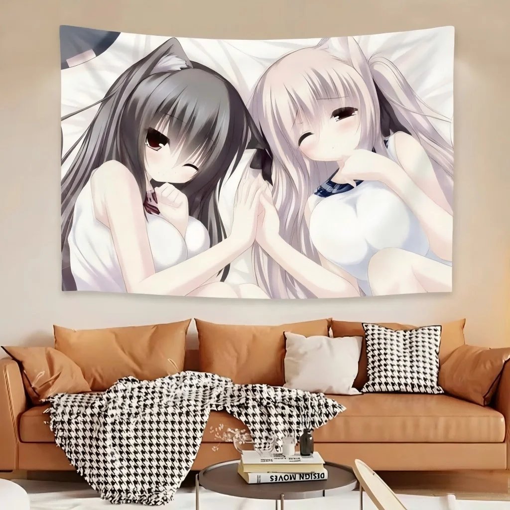 1 Stück Kawaii Nekomimi Anime Girl Wandteppich, schwarz-weiße Katzenohren-Duo-Wanddekoration, ästhetische Dekoration für Schlafzimmer, Wohnheimzimmer