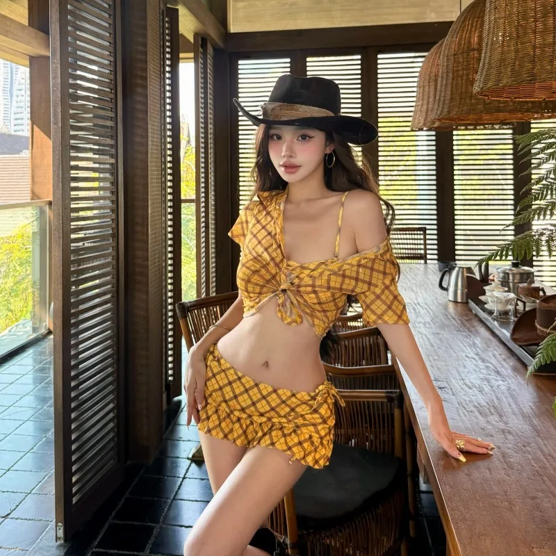 Swimming Suit for Women Bathing Bikinis New Fashionable Korean Checkered Print Four Piece Set for Sexy Vacation