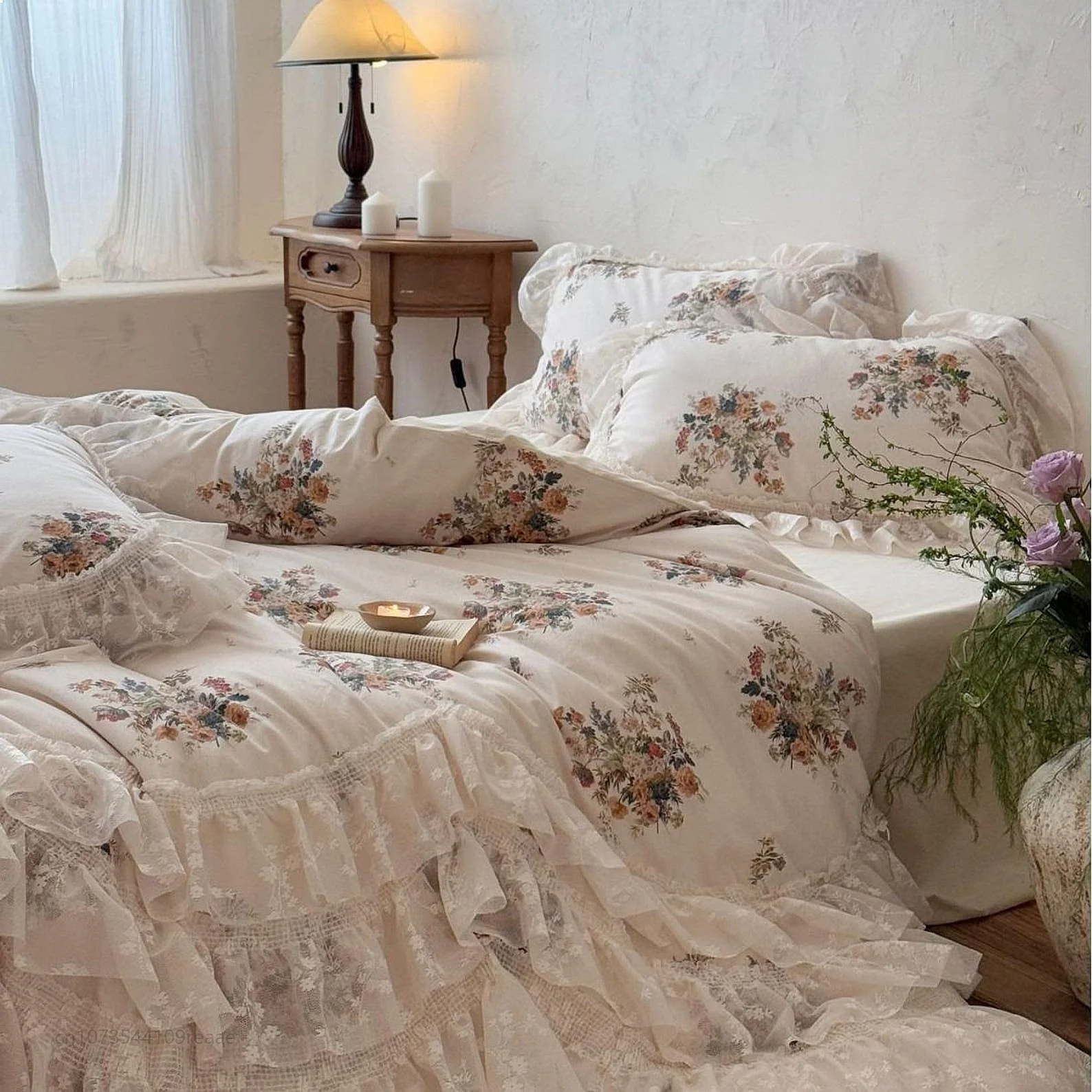 European Court Cotton Linen Duvet Cover Only Retro Print Trim Lace Elegant Bedding