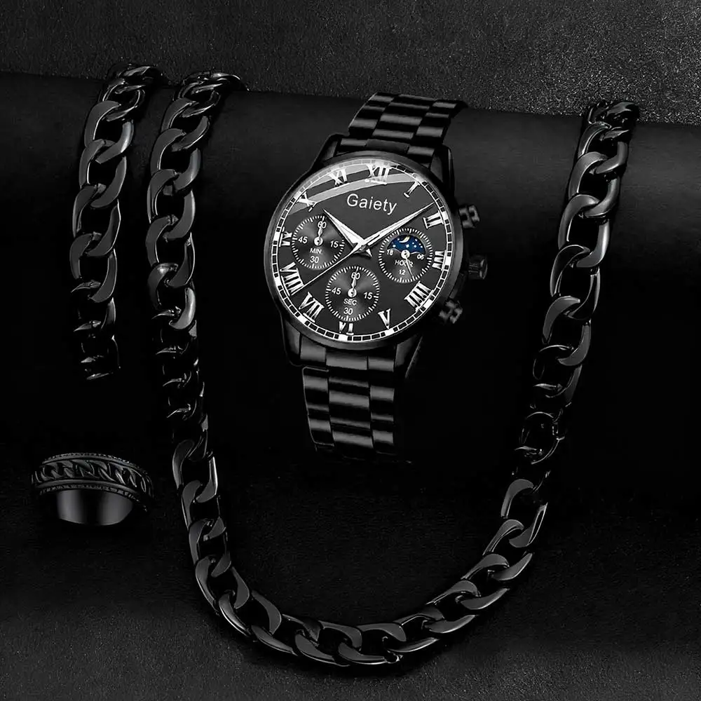 4PC Men's Watch Set Business Fashion Black Roman numerals Scale Round dial Quartz Watch Bracelet Necklace Ring Set Perfect Gift