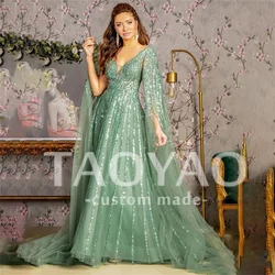 Sage Rain A Line Evening Dresses Deep V Neck Sequin Beads Wedding Dress Cape Sleeve Party Dresses Prom Dress Vestidos De Fiesta