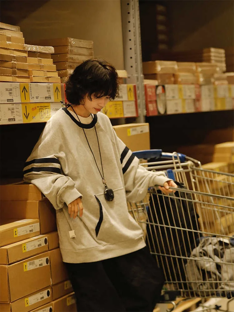 

Kangaroo ket Spliced Color Blo Hoodie ex Vintage Neutral Loose Fit Spring Autumn Long Sve round Ne Overhead Jaet