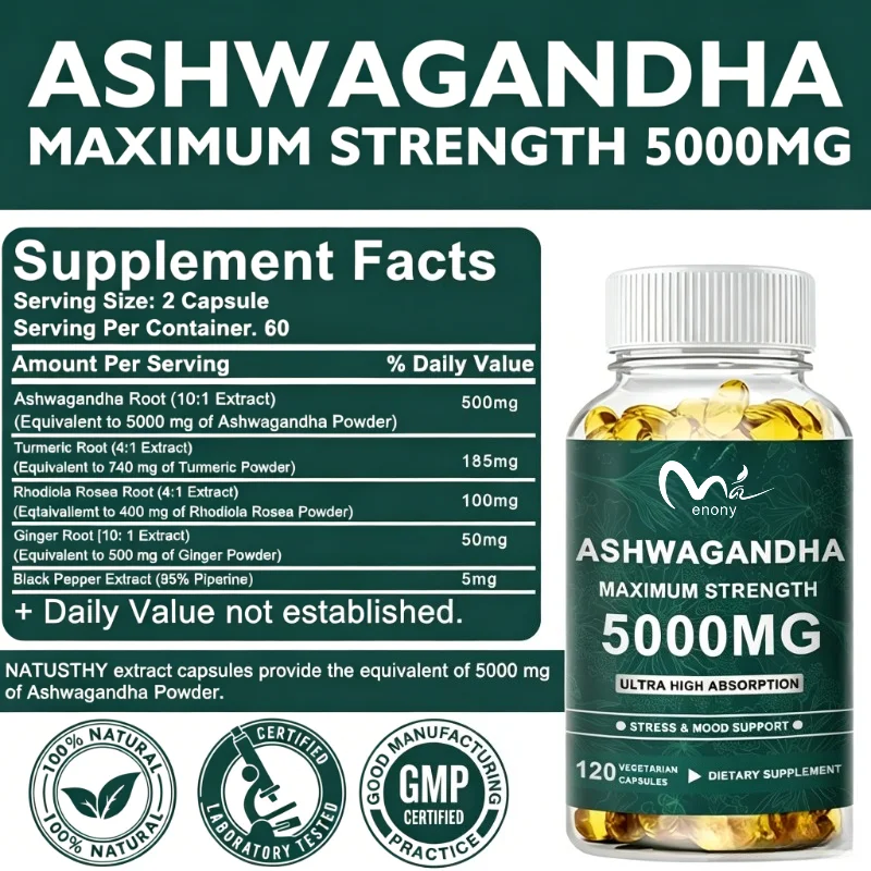 Ashwagandha Maximum Strength Capsules 5000mg for Stress Mood, Adrenal, Balance Sugar, Thyroid Health