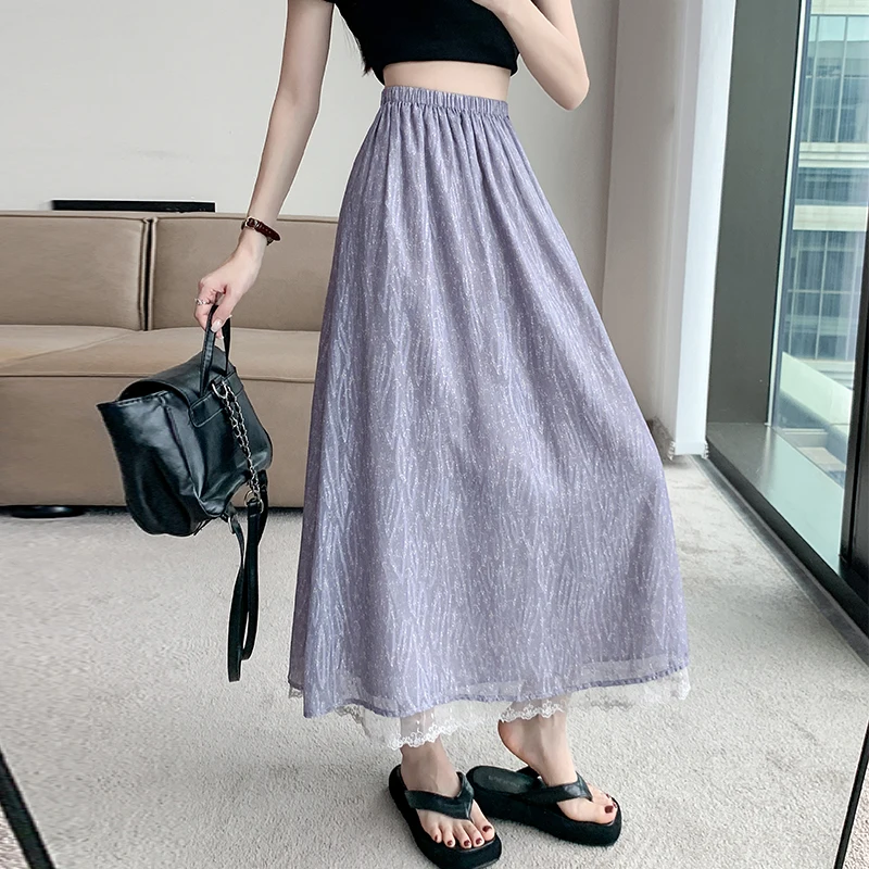 French Jacquard Midi Skirts Women High Waist Polyester A Line Skirt Vintage Elegant Lace Patchwork Streetwear Loose Skirts New