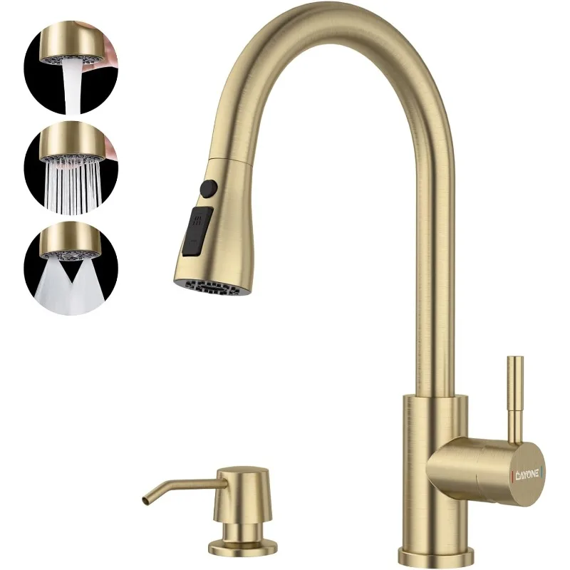 Champagne Gold Kitchen Faucet with Soap Dispenser, Brushed Gold Kitchen Sink Faucet with Pull-down Sprayer 3 Modes