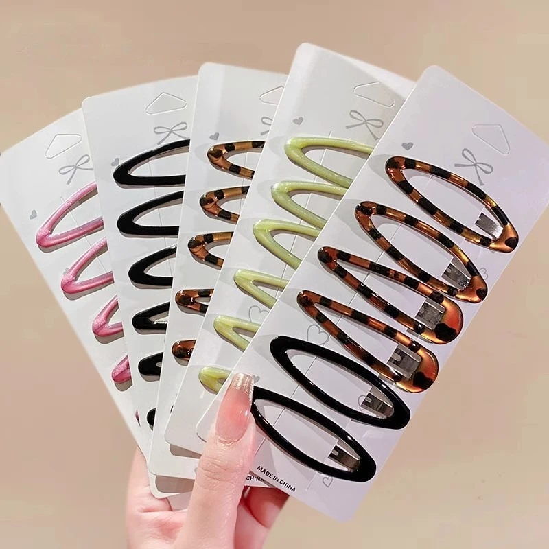 6Pcs/Pack Geometric Leopard Solid Snap Hairpins, Water Drop Oval Alloy Bobby Pins, Women Girls Fashion Hair Accessories