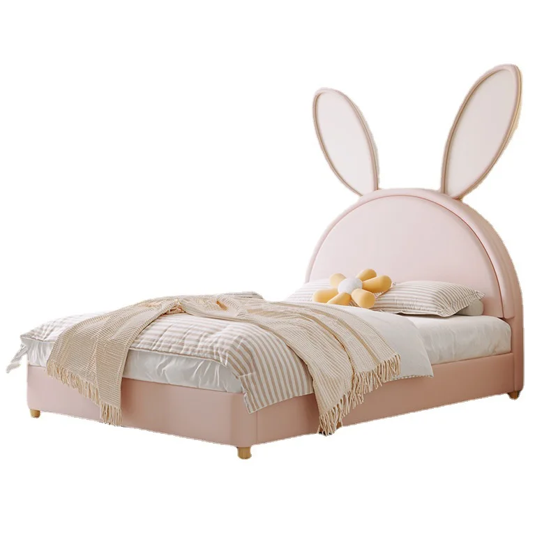 

Nordic children's girl princess solid wood single girl pink Internet celebrity rabbit leather art soft bed