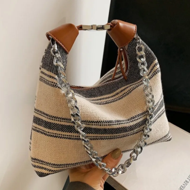 UKF Summer Straw Shoulder Bags for Women Fashion Striped Woven Beach Vacation Travel Handbags Female Shopping Totes Purse