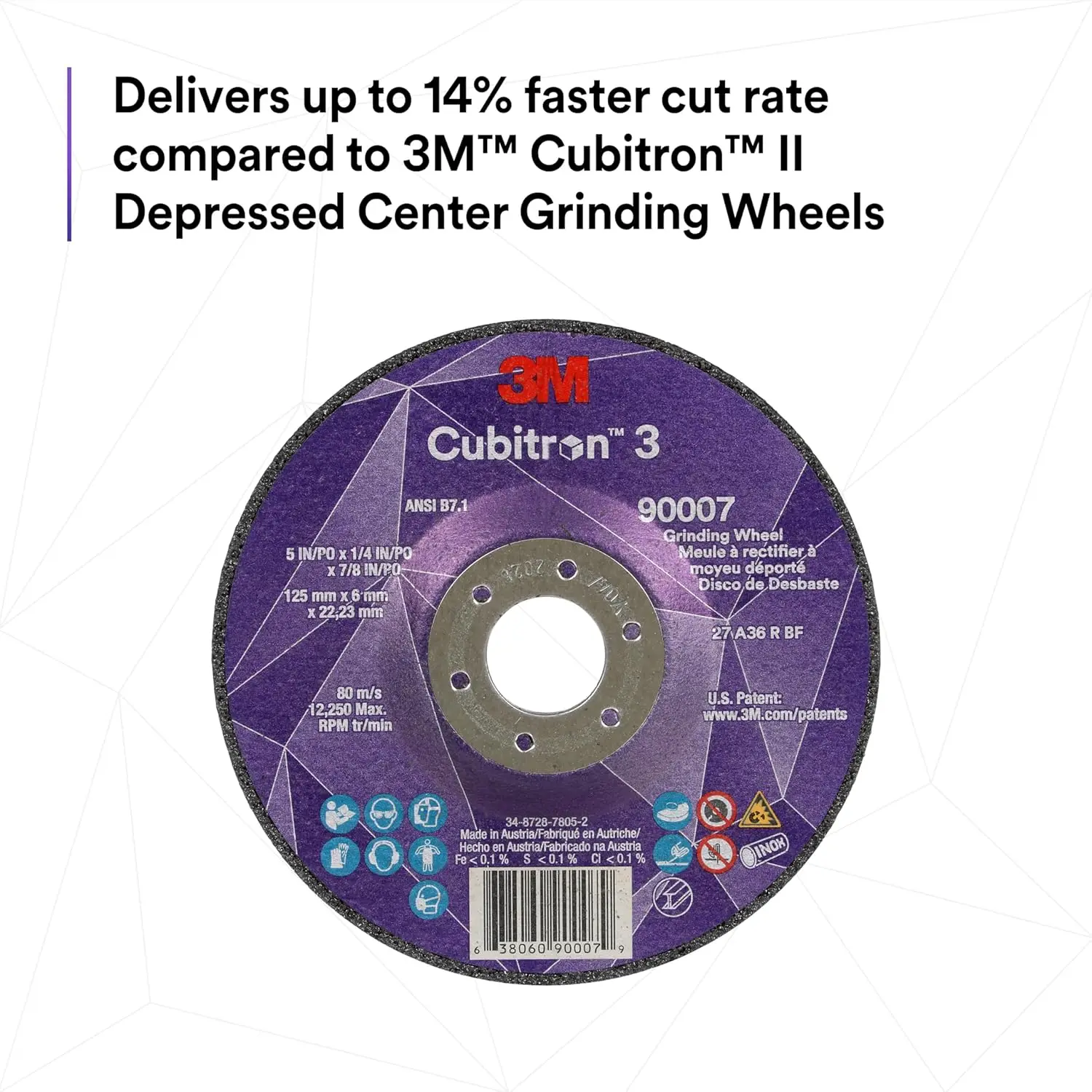 Depressed Center Grinding Wheel, 90007, 36+, T27, 5 in x 1/4 in x 7/8 in, Pack of 10, ANSI, Precision Shaped Grain, Beveling, We