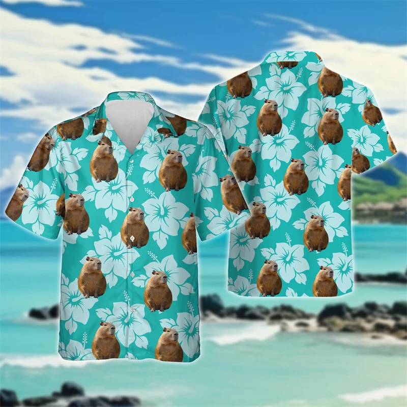 Cute Capybara Graphic Beach Shirt Kawaii Aniaml Female Short Sleeve Blouses Hawaiian Surfing Women Lapel Blouse Button Girls Top