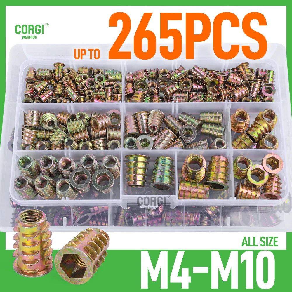 Zinc Alloy Hex Socket Threaded Insert Nuts Assortment Kit M4 M5 M6 M8 M10 70-265 Pieces Flanged Screw Inserts for Wood Forniture