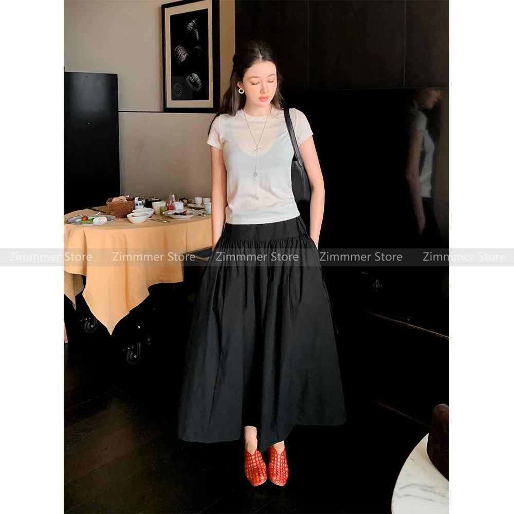 

Summer 2024 new French white a-line half-body skirt women senior sense of hundred parachute skirt pleated skirt