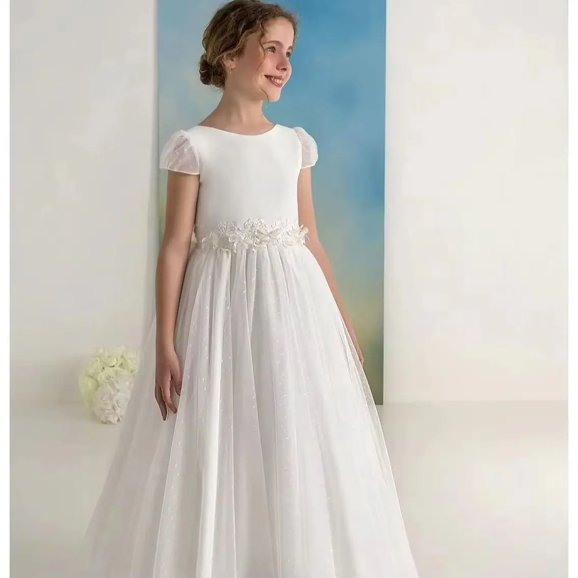 

Белое платье для девочки на заказ с бантом для свадьбы, дня рождения, первого причастия, конкурса красоты