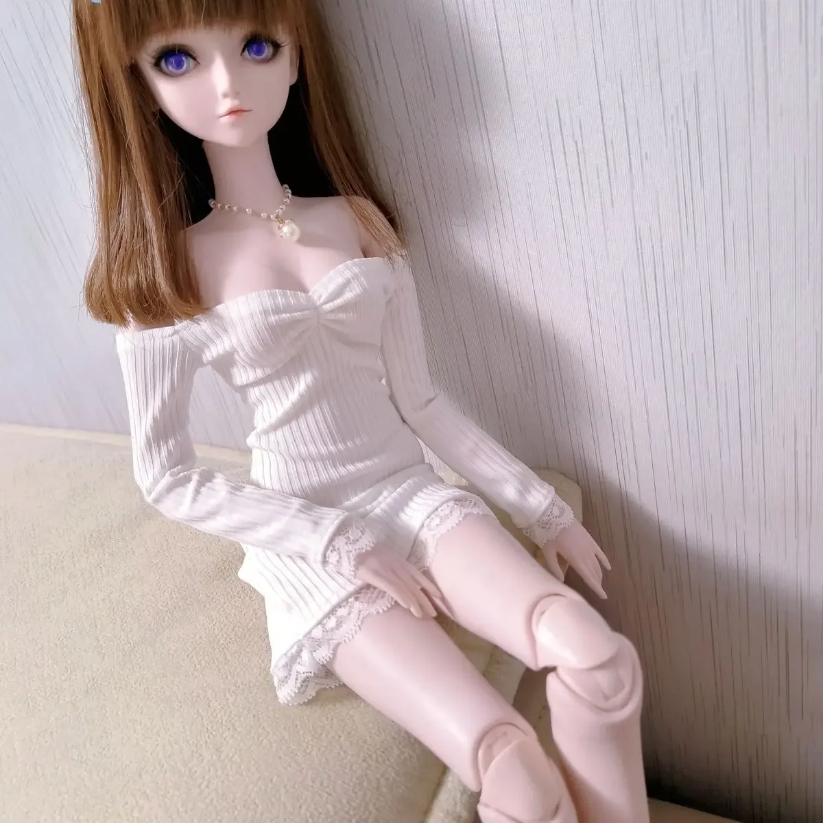 60cm Doll's Clothes for 1/3 BJD Doll Long Sleeved Off Shoulder Strapless Lace Knit Skirt Short Skirt Doll Accessories, No Doll