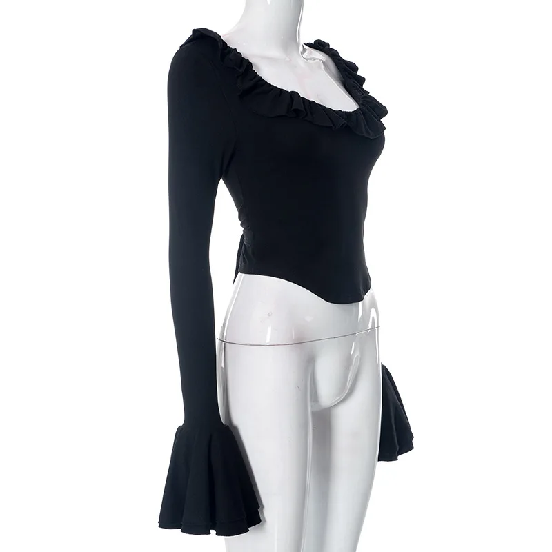 Cryptographic Elegant Frill Ruffle Detail Flare Sleeve Tops Low Plunge Neck Slim Tie Back Y2K Sexy Cropped Tops Solid Clothes