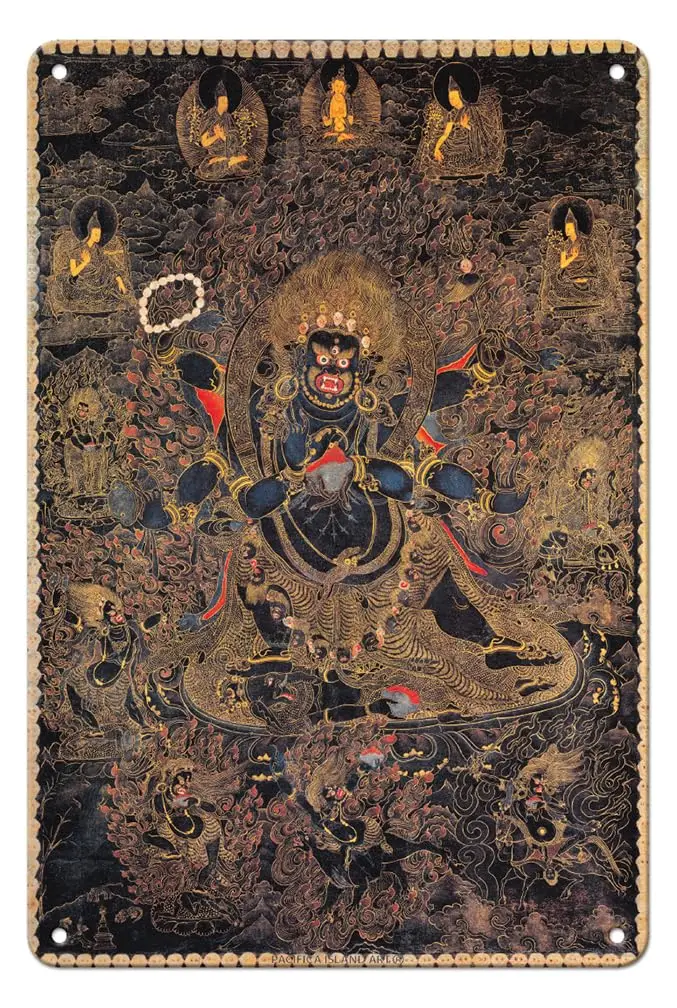 Mahakala - The Great Black Protector of Buddha - Tantric Deity - Vintage Tibetan Thangka Buddhist Painting -  Vintage Metal Tin