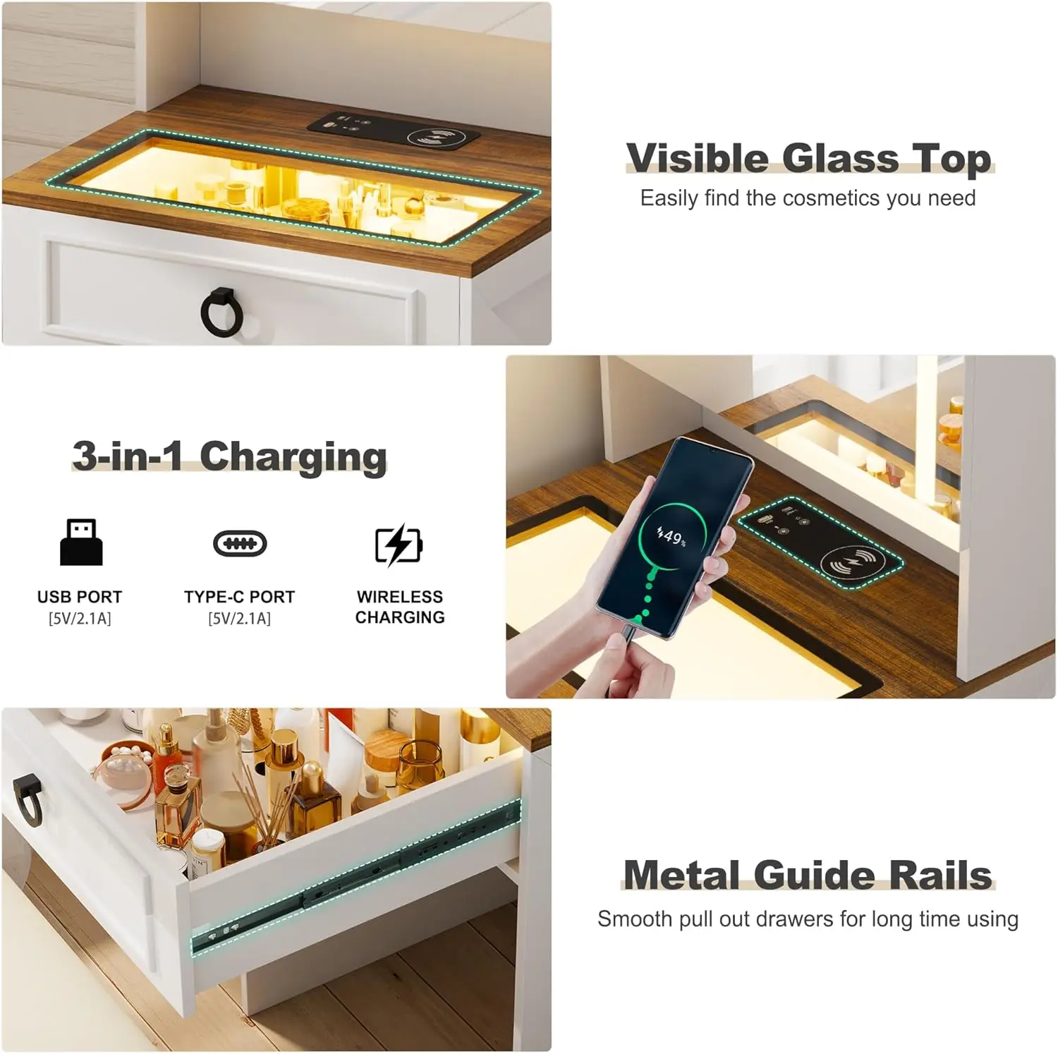 3-in-1 Vanity Desk with Mirror and Lights, Small Compact Makeup Vanity Set with Hidden Storage Stool, Glass Top Dressing Table image 5