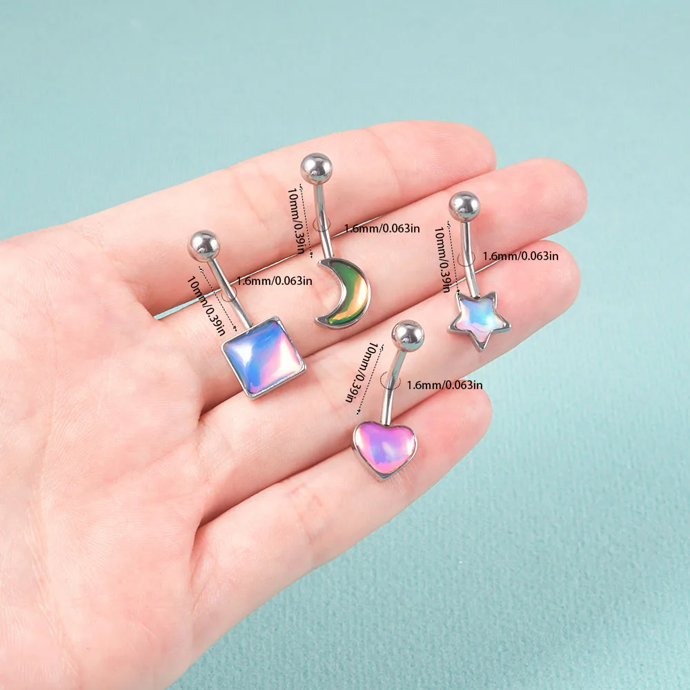 4PCS Surgical Steel Mix Color Flash Film Glitter Gem Belly Button Rings Heart/Star/Sqaure/Moon Navel Piercing Body Jewelry