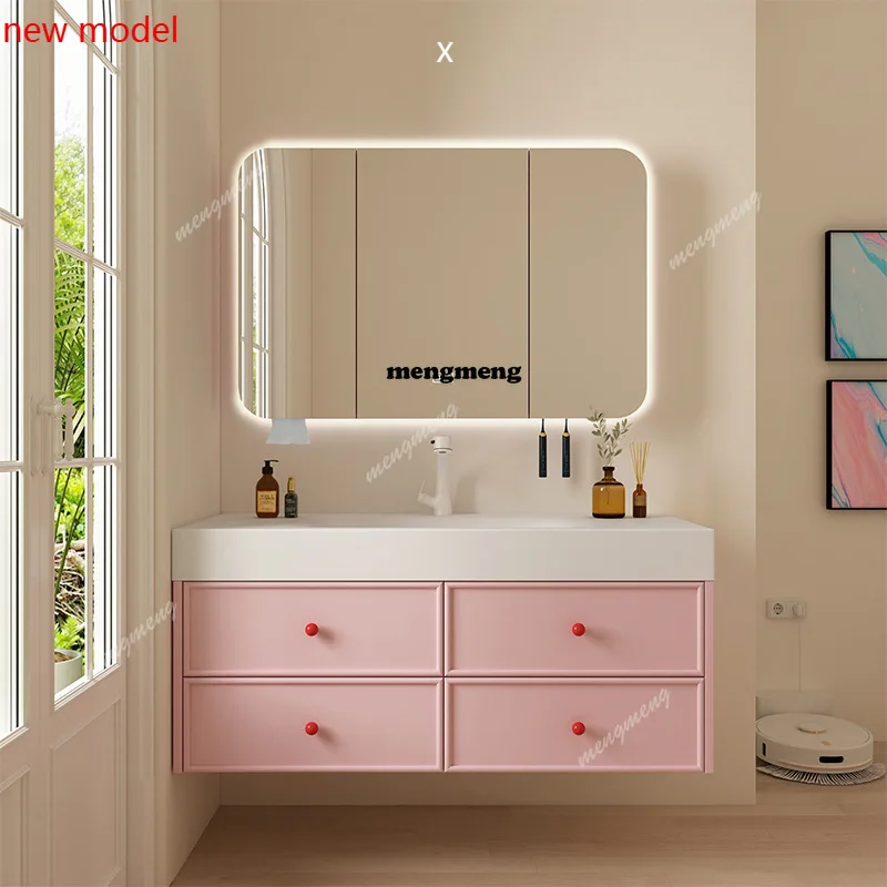 

H134Washbasin Sink Bathroom Cabinets Solid Wood Baked Paint Smart Mirror Bathroom Cabinets Cream Style Storage Furniture Kast