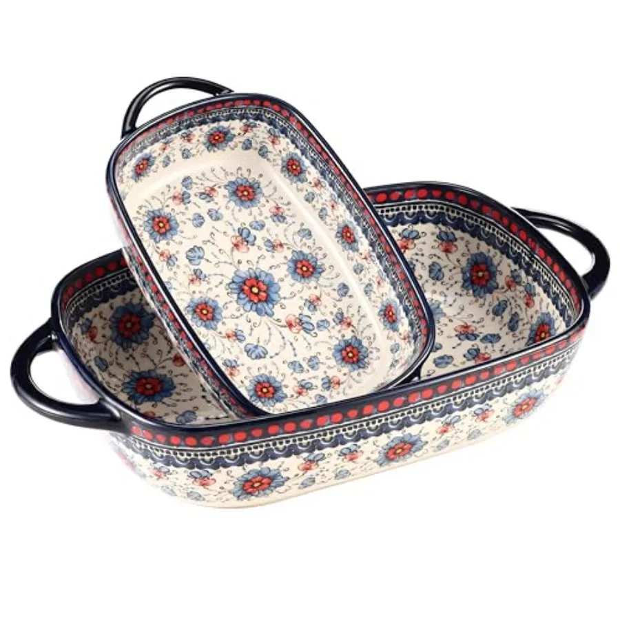 

Polish Pottery Style Ceramic Baking Dish Set 2-Piece Casserole Bakers for 2 3 People Floral Decorative Bakeware Oven Safe Lasag