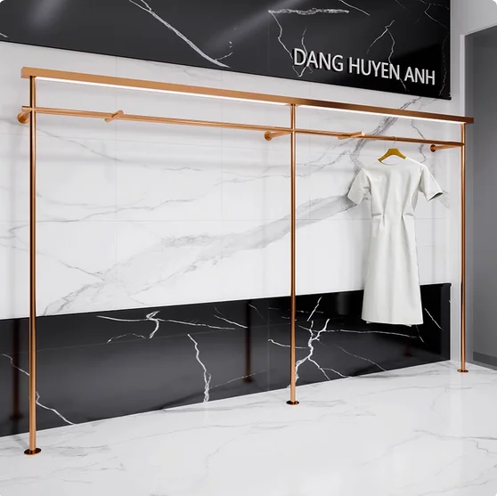 Wall mounted floor to ceiling stainless steel rose gold clothing rack, women's clothing store display shelf