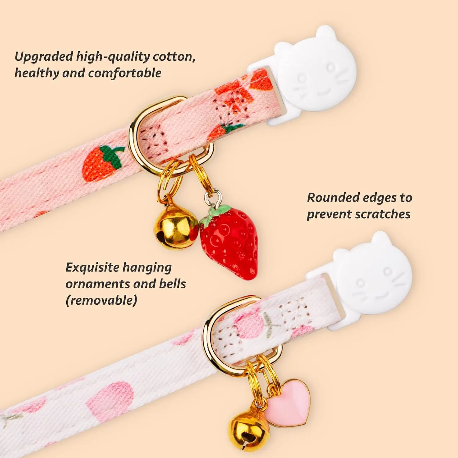 2er-Pack Baumwoll-Katzenhalsbänder Rosa Erdbeere Weißes Herz Niedliches Kätzchenhalsband – Detail 3