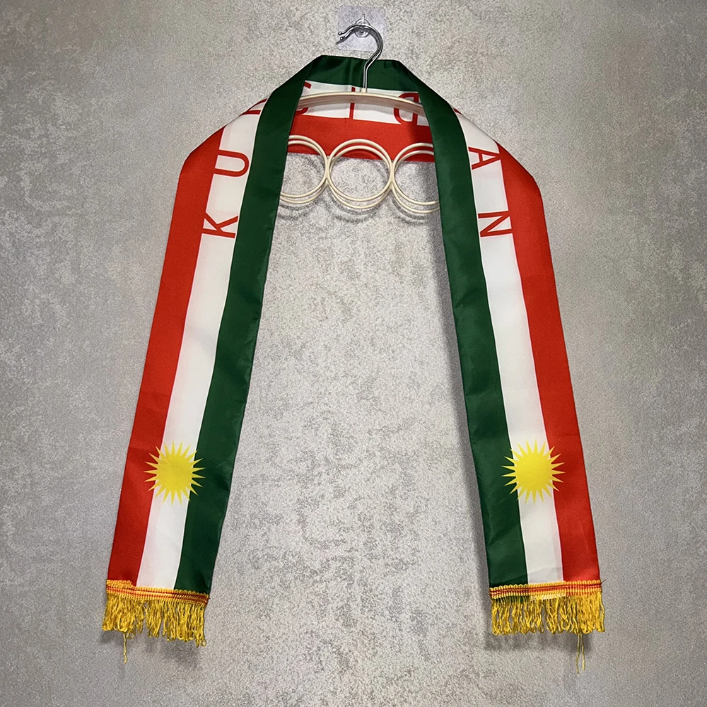 Kurdish Scarf 13x140cm Double-sided Printed Satin Kurdistan Flag Scarf Tassels Suitable for Football Cup, Sports, Events