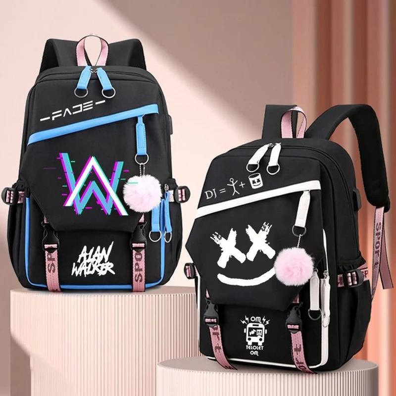 Malha respirável, com USB, jack 3,5 mm, preto azul rosa branco amarelo, Alan Walker, Marshmello, bolsas escolares, mochilas de anime para meninos e meninas