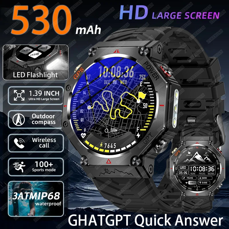 

Высококачественные уличные умные часы для мужчин HD-экран GPS Компас Сердечный ритм Спортивные светодиодные фонарики Часы BT Call 3ATM Водонепроницаемые часы