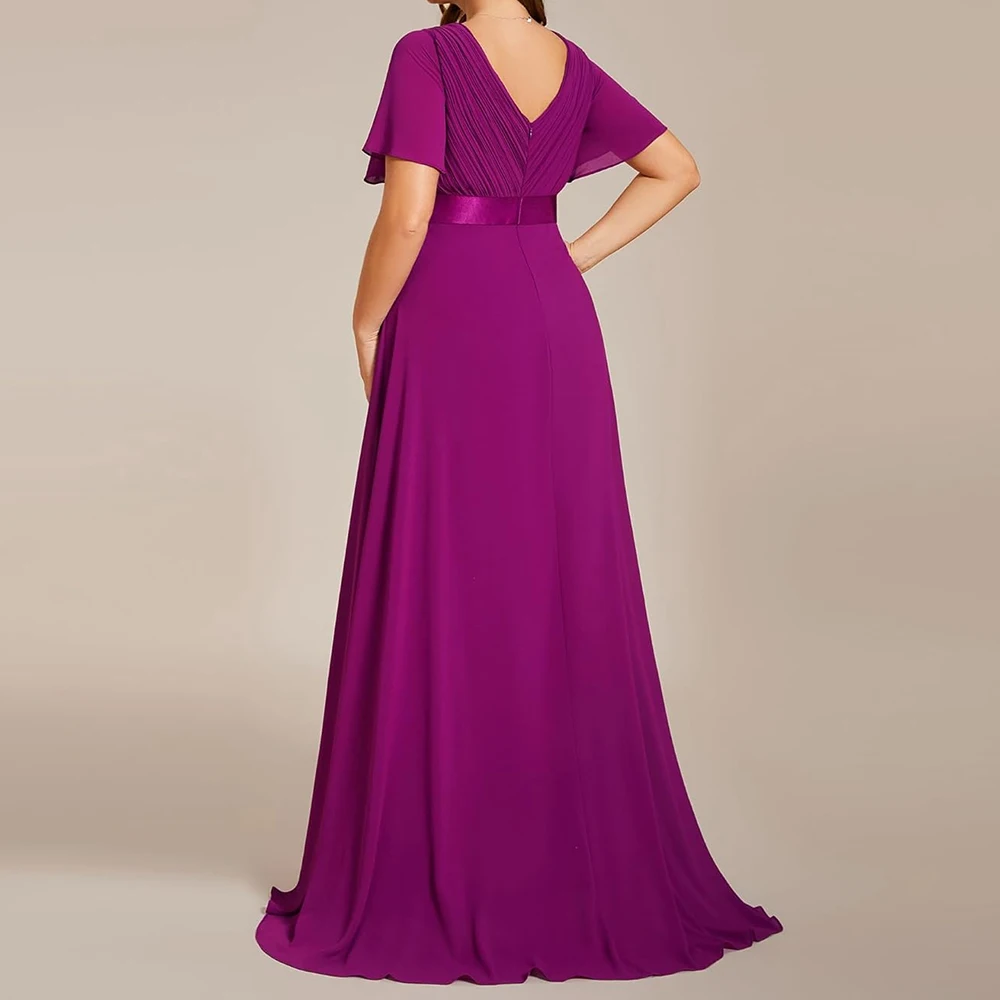 mother of the bride dresses V Neck Sashes A Line Open Back wedding party dress Short Sleeve Floor Length robes invitée mariage