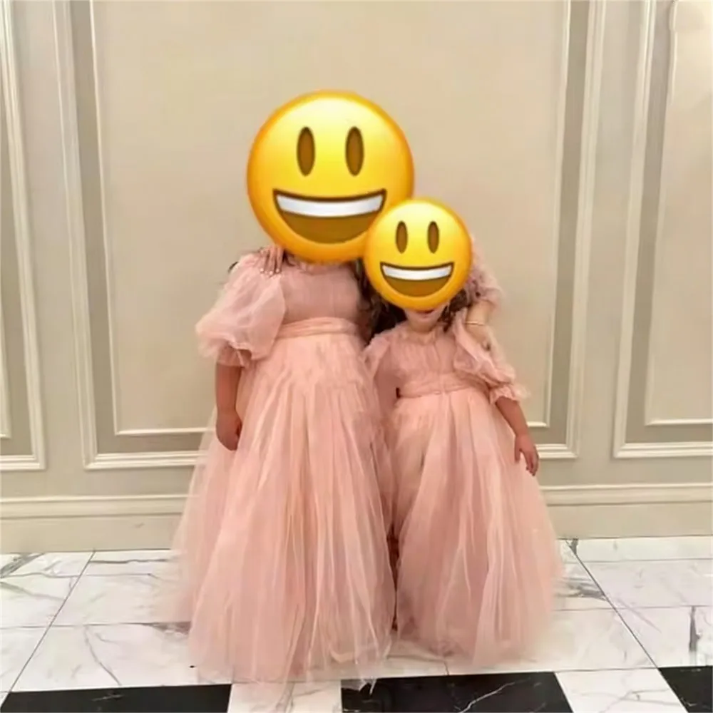 Vestido de novia de niña de flores de malla de manga corta con lazo hinchado princesa fiesta de cumpleaños vestido de celebración vestido de primera comunión personalizado