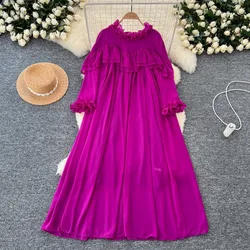 Chic Stringy Selvedge Long Sleeve O Neck Pleated Loose Dress Chiffon A-line Casual Dresses Korean Fashion Women Elegant Vestidos