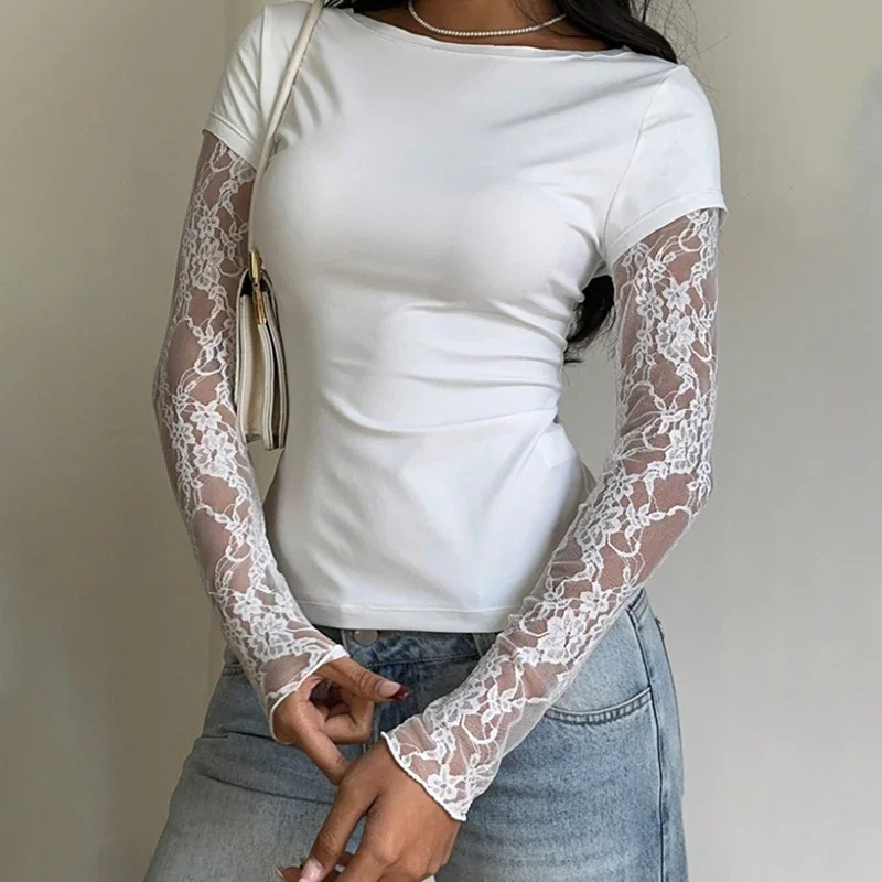 

Lace Splice Long Sleeve T shirt For Women Sexy Slim Top Solid Color Pullover Ins Hot 2026 Summer Hot Girl Club Party Top