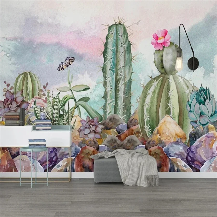 

Custom Wallpapers 3D Nordic Modern Hand Painted Cactus Mural Tropical plants Living Room Sofa Background Wall Home Decor Fresco