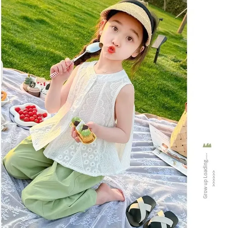 2026 Girls Clothing Suits Kids Summer Trend Top+Thin Pants 2Pc Children Petal Hem Sleeveless Tank Outfit Baby Loose Trousers Set