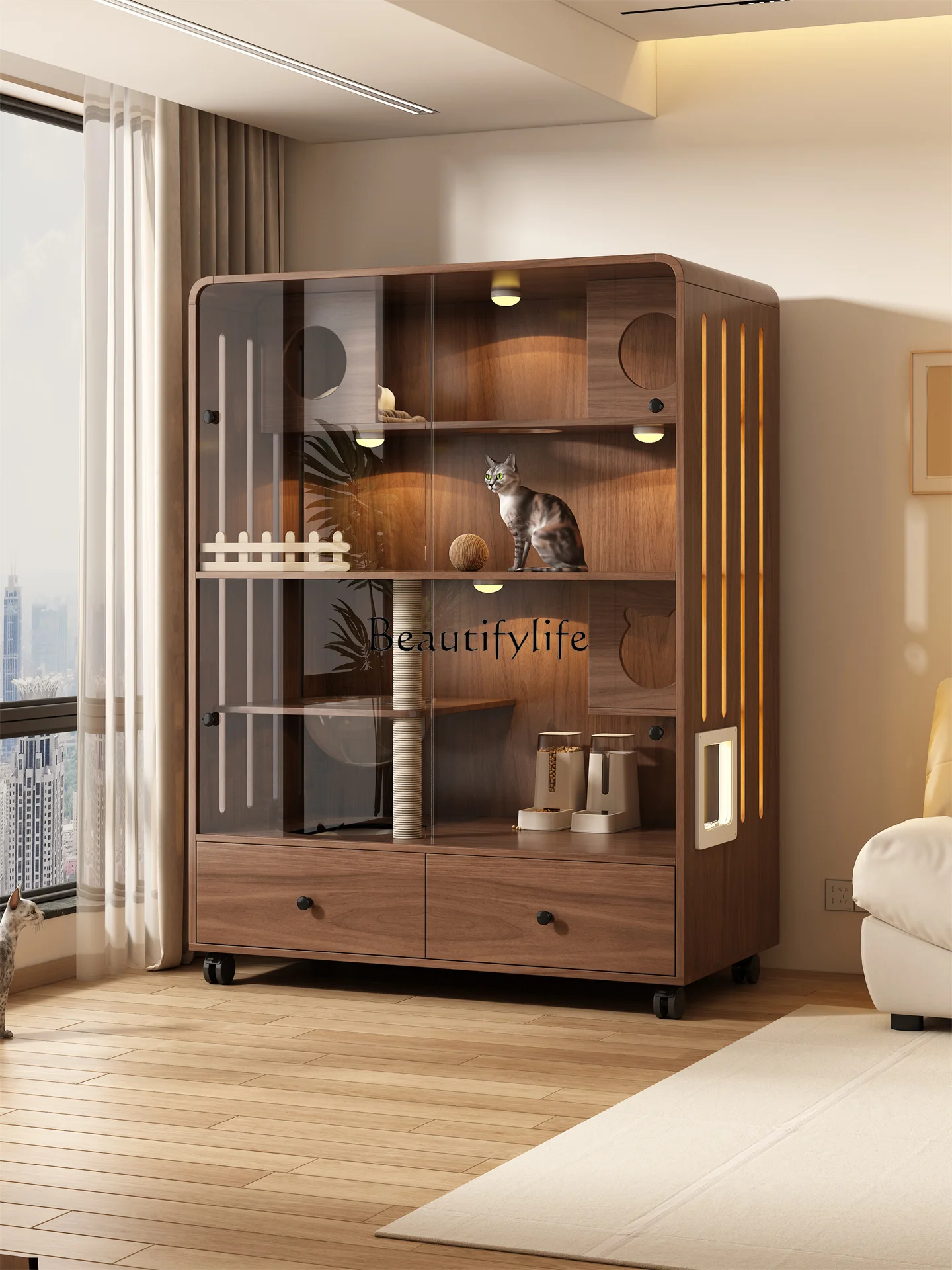 Household indoor cat climbing frame with toilet integrated cat nest cabinet luxury does not occupy an area of solid wood