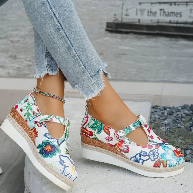 Women Floral Print T-Strap Wedge Mary Janes, Woven Platform Casual Shoes, Bohemian Espadrille Heels, Buckle Vacation Shoes