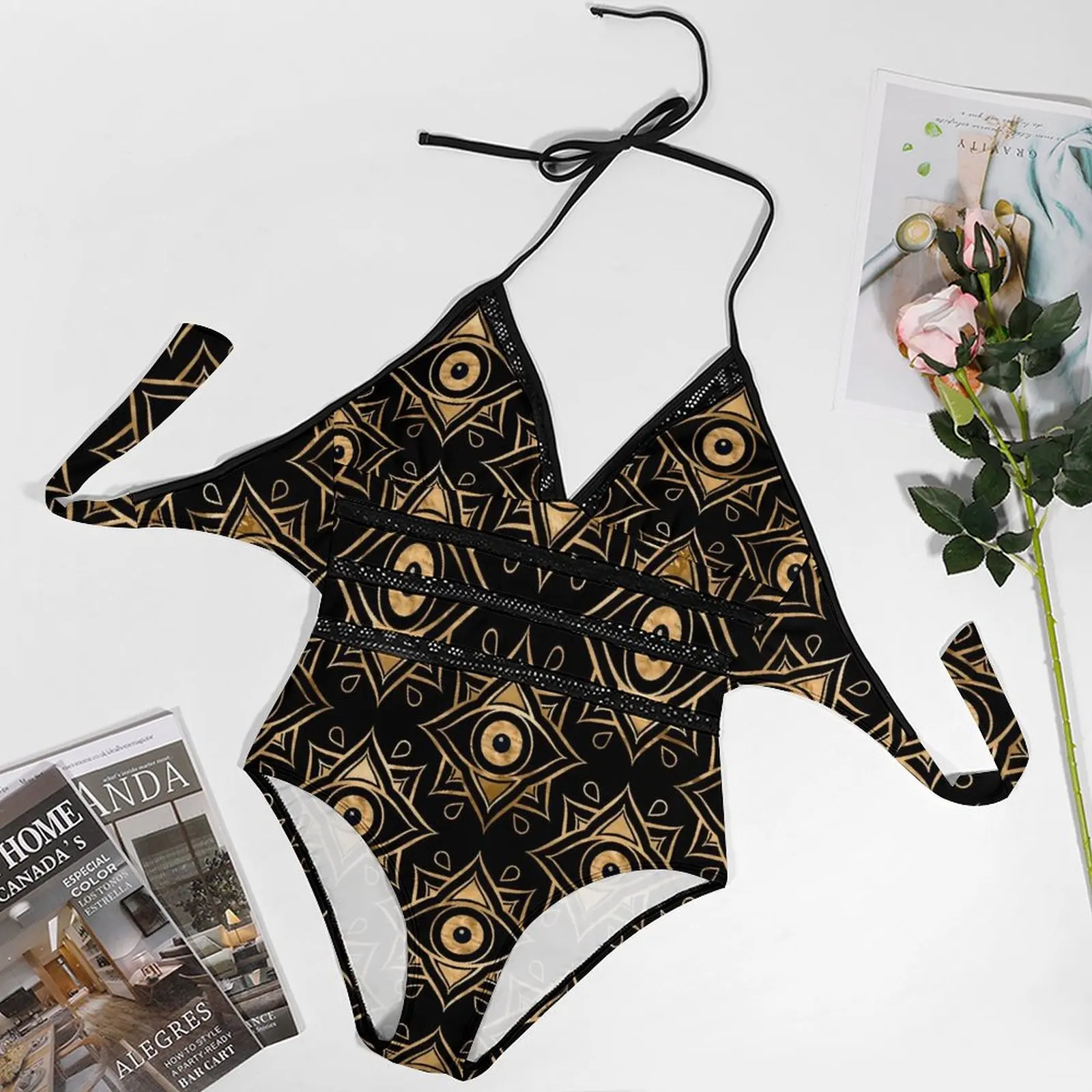 Evil Eye Swimsuit Black and Gold Swimwear One-Piece Holiday Rave Custom Bodysuit High Cut Monokini Woman Push Up Sexy Beach Wear image 5